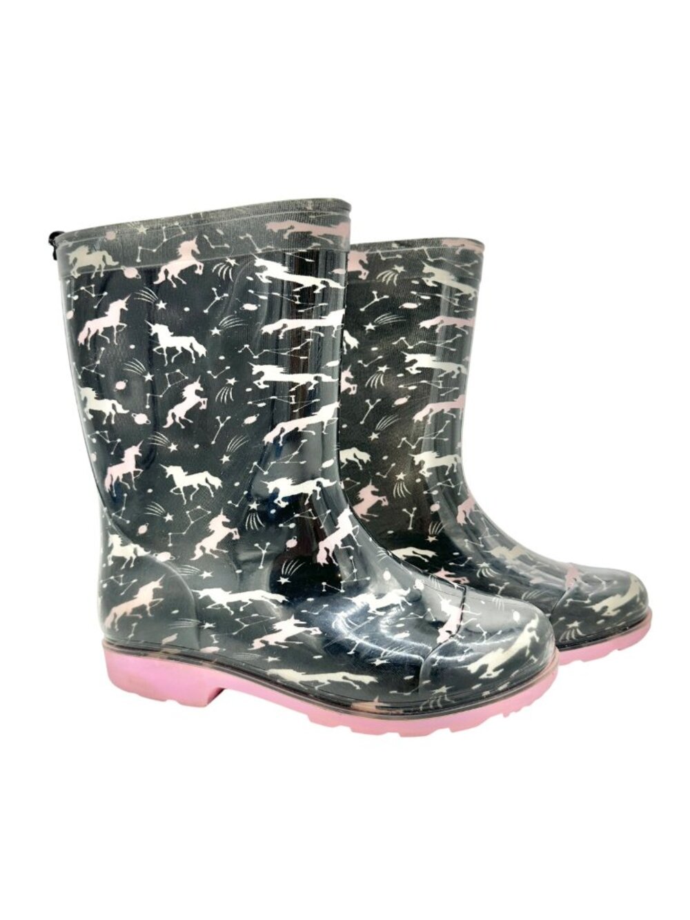 Capelli New York Rain Boots Girls Size 4 Rubber Black and Pink Unicorn Print